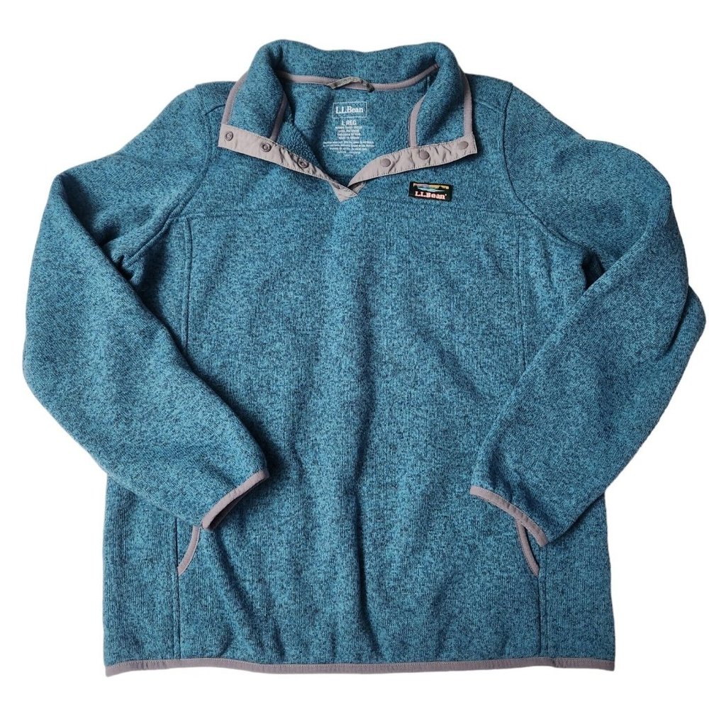LL Bean Women's 1/4 Snap Sweater Knit Fleece Pullover Teal Evening Blue L